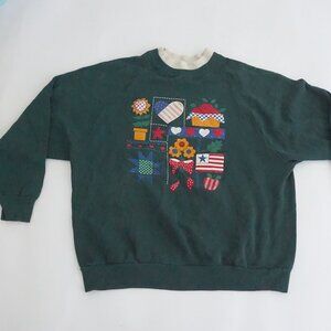 Vintage Gopher Sport Green Patchwork Quilt Square Heart Floral Folk Sweater 2X